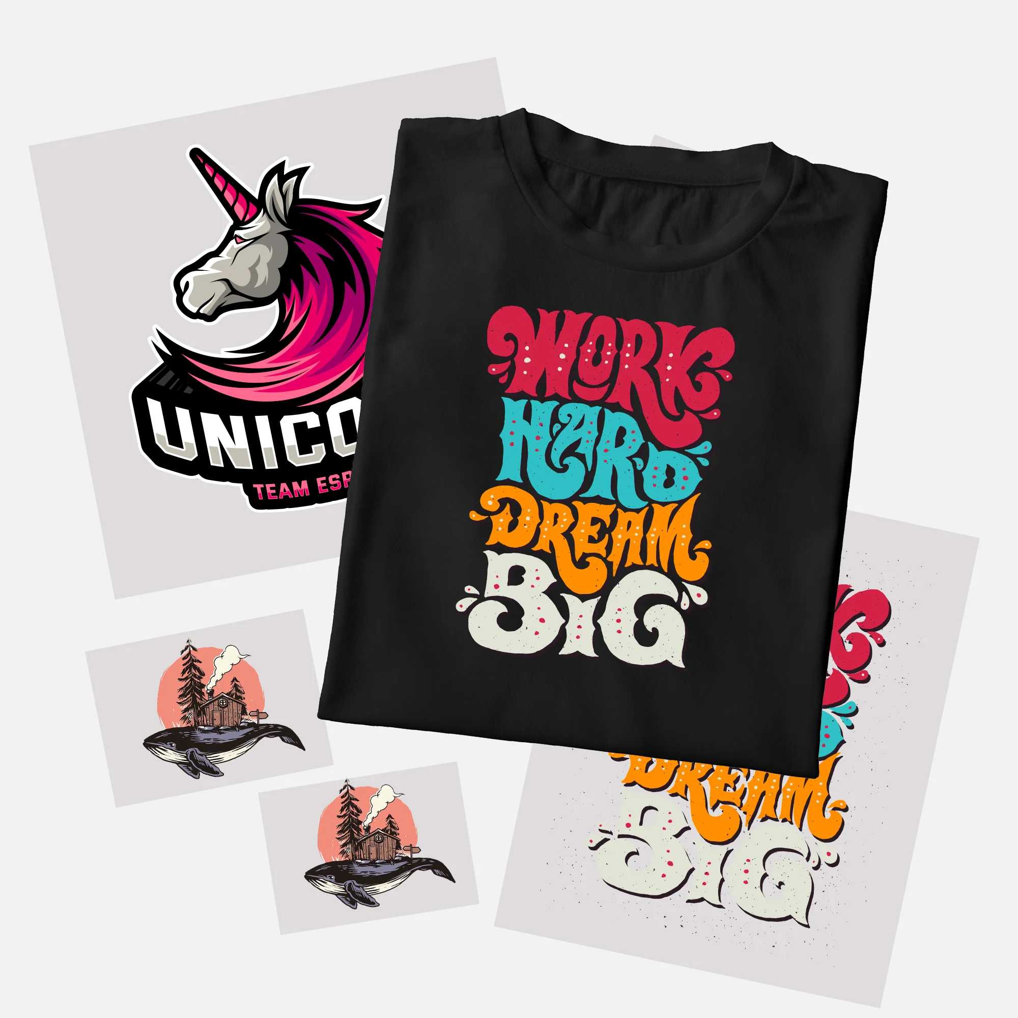T-shirt noir avec texte coloré et motif licorne, près d’affiches graphiques vives.